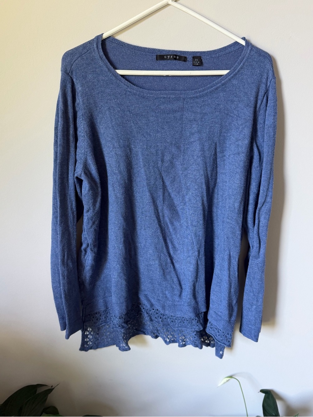 Cyrus Denim Blue Long Sleeve Knit Top with Lace Hem, 2X